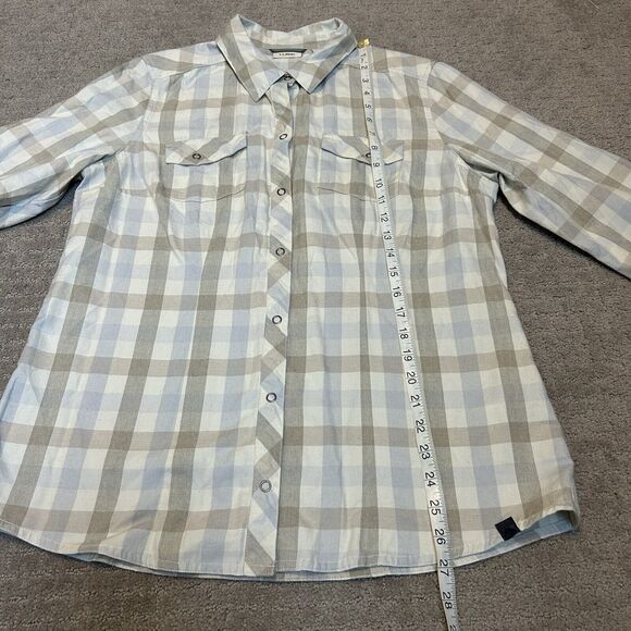 LL Bean Shirt Womens Medium Tan White Flannel Snap Front Casual Outdoor Normcore - Picture 11 of 13